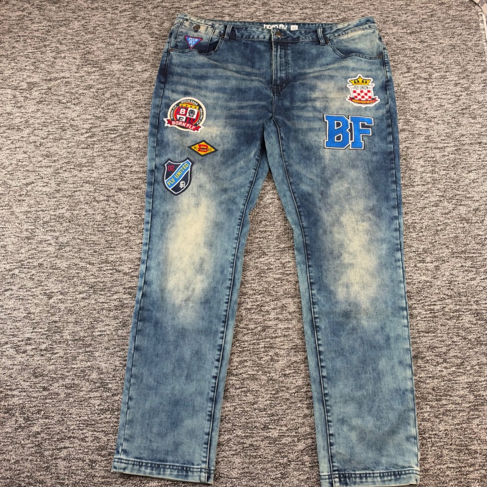 Born Fly Mens Jeans 42x32 Blue Stretch Denim Embroidered Patches Tagged 40